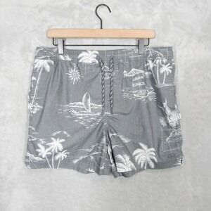 Rails Mens Swim Trunks Board Shorts Drawstring Large Gray Hawaiian Island Print